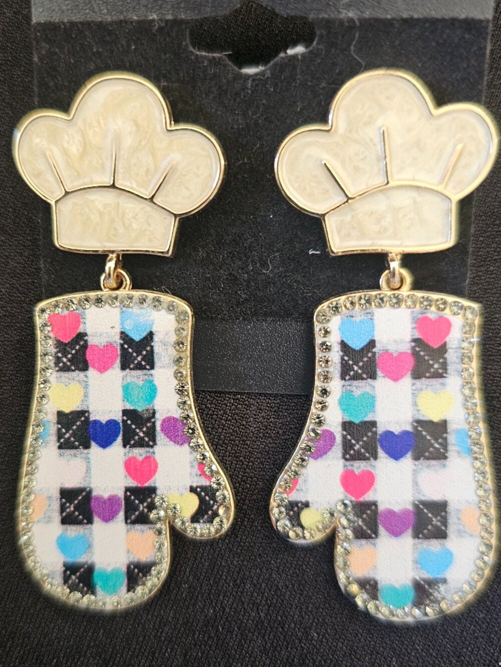 NWT Shake & Bake Chef Hat & Oven Mitt Dangle Earrings – Colorful Rhinestone